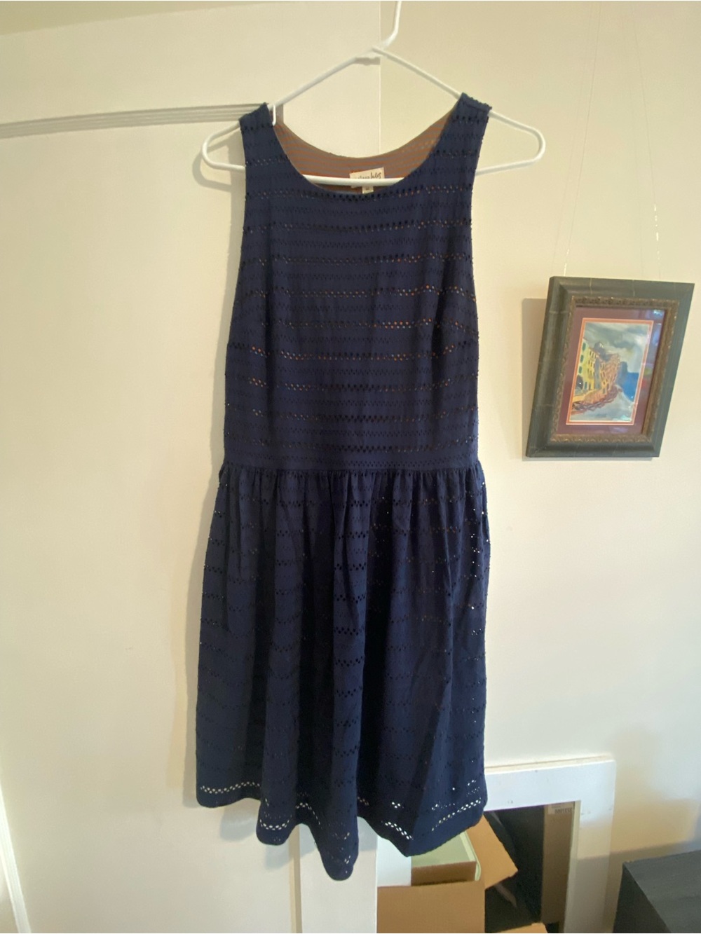 Maison Jules Navy Eyelet Sleeveless Fit & Flare Dress Medium